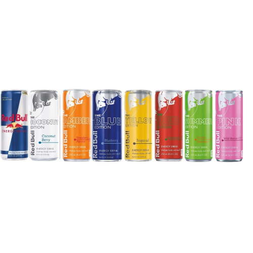 Red Bull Editions Variety Pack,8.4fl.oz. Pack of 24 : Red, Yellow, Amber, Blue, Green, Original , Coconut, Pink Editions.