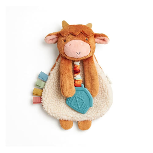 Itzy Ritzy - Itzy Lovey Including Teether - Baby Lovey with Teether, Textured Ribbons & Dangle Arms - Features Crinkle Sound, Sherpa Fabric and Minky Plush (Highland Cow)