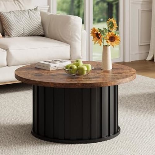 GarveeHome Round Coffee Table, Mid Century Modern Coffee Table with Metal Base, 31.9 in Fluted Center Table for Living Room, Home Small Space, Apartment (Retro)