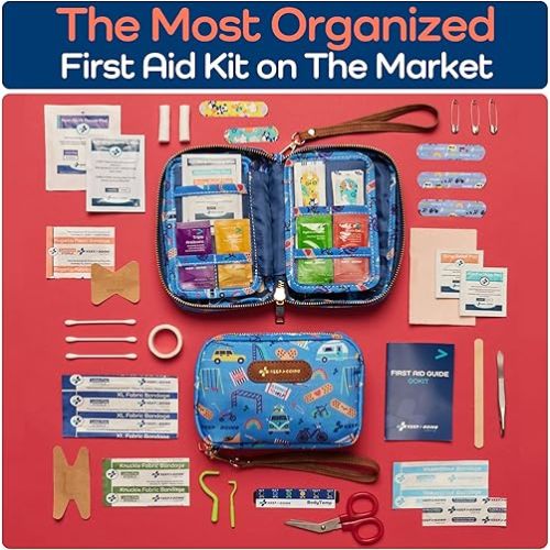 Keep Going Travel First Aid Kit for Kids – 130 Pc. for Car, Purse, Diaper Bag, Backpack, & Suitcase, with Latex-Free Bandages – 7 x 5 x 2 in. TSA-Approved