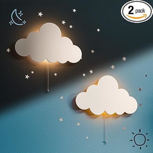 Tipperk 2 Pack - Floating Cloud Wall Lamp for Nursery & Kids Bedroom | Battery-Operated Hanging Night Lights