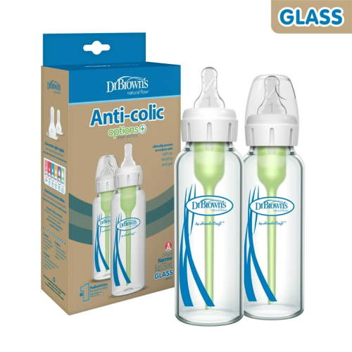 Dr. Brown's Natural Anti-Colic Glass Baby Bottle, 2 Pack, 8 oz with Slow Flow Nipple, 0m+