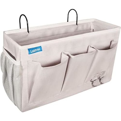 Bedside Caddy, Hanging Storage Organizer 6 Pockets Canvas Bag for Bunk, College Dorm Bed, Bed Rails with Magazine Phone Tablet Water Bottle Holder, Grey