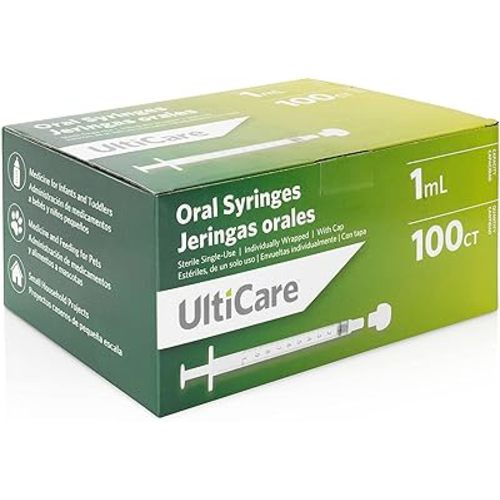 UltiCare 1mL Oral Syringe – Uses Include Oral Administration of Medicine for Infants, Toddlers and Small Pets, and Small HH Projects. Oral Tip with Cap, Sterile Individually Wrapped, 100 Count