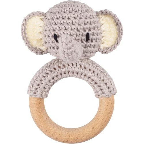 Joliecraft Safari Animals Wooden Baby Rattle Toys Stuffed Crochet Rattle with Teether Ring for Newborn, Gray Elephant
