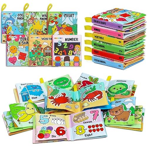 OKOOKO Soft Baby Books 6PCS Soft Cloth Books Bath Books Crinkle Washable Non-Toxic Early Education Preschool Learning Toy for Newborns Babies Infants Toddlers Kids