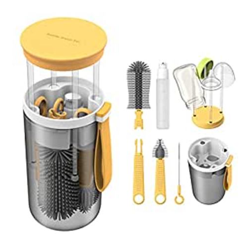 Amazon.com: TechoEcho Travel Baby Bottle Brush Set with Extendable Liquid Silicone Bottle Brush,Nipple Brush,Built-in Bottle Drying Rack,Straw Cleaner Brush,Baby Bottle Soap Dispenser,Bottle Warmer (Yellow) : Baby