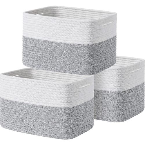 Woven Storage Bins - 12'x10'x9' Decorative Rope Baskets with Handles, for Blankets, Laundry, Home Shelves (3 Pack, White & Grey)