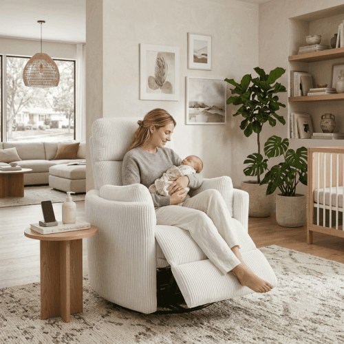 Power Glider Recliner with USB Port, 270° Swivel Rocking Nursery Chair with 2 Pillows, Soft Corduroy, Beige