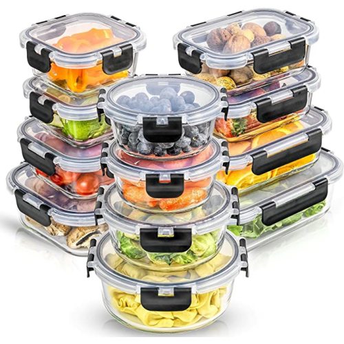 JoyJolt JoyFul 24pc(12 Airtight, Freezer Safe Food Storage Containers and 12 Lids), Pantry Kitchen Storage Containers, Glass Meal Prep Container for Lunch, Glass Storage Containers with Lids - Color Black