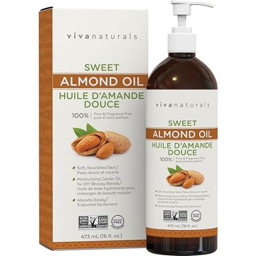 Viva Naturals Sweet Almond Oil - 100% Pure Hair and Skin Softener, Non-Greasy Massage Oil, Carrier Oil for Essential Oils, Expeller-Pressed Almond Oil for Hair and Body, Non-GMO, 16 fl oz