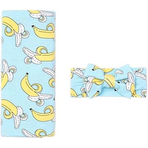 Little Sleepies Swaddle & Headband Bow Set, Viscose from Bamboo Baby Swaddles, Newborn Baby Girl Clothes (Bananas)