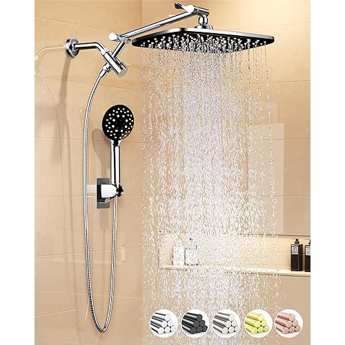 Veken 11.8" Rain Shower Head with Handheld, High Pressure Handheld Shower with Multi Spray Modes, Rainfall Combo with 15" Metal Extension Arm, Detachable Dual Shower, Bathroom Decor, Chrome Silver