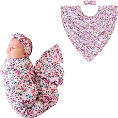 Posh Peanut Soft Baby Swaddle & Headband Set – Viscose from Bamboo Newborn Wrap Receiving Blanket, Nursing or Stroller Cover (Pixie)
