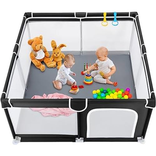 TODALE Baby Playpen for Toddler, Large Baby Playard, Indoor & Outdoor Kids Activity Center with Anti-Slip Base, Sturdy Safety Play Yard with Soft Breathable Mesh, Playpen for Babies(Black,50”×50”)