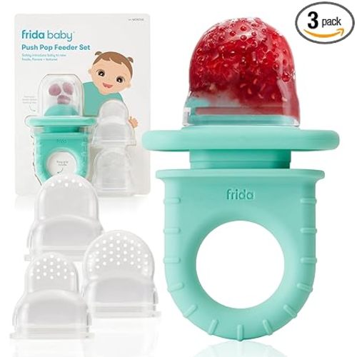 Frida Baby Push Pop Silicone Feeder, Baby Fruit Food Feeder to Safely Introduce New Foods, Fresh + Frozen, Breastmilk Popsicles, BPA Free, Dishwasher Safe | 3 Count, Teal