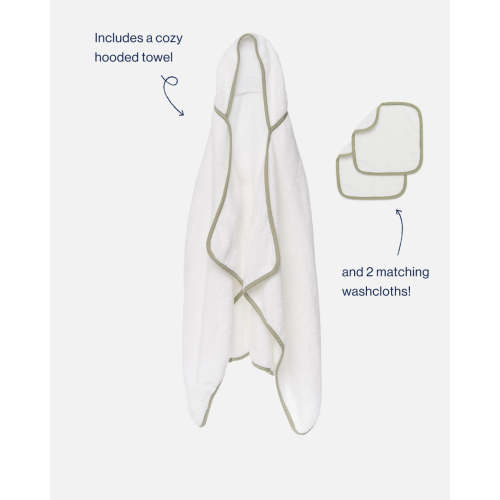 The Hooded Towel + 2 Washcloth Set - Coconut / Sage