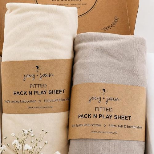 Pack and Play Sheets Fitted – Compatible with Graco Pack n Play Playard Crib and Other 27 x 39 Inch Playpen Mattress – Snuggly Soft 100% Jersey Cotton – Gray + Beige – 2 Pack