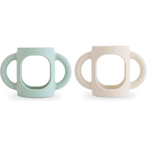 mushie Silicone Baby Bottle Handles 2-Pack | Narrow Bottle Compatible for 3 Months+ (Cambridge Blue/Shifting Sand)