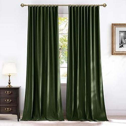 NICETOWN Olive Green Blackout 120 inch Long Velvet Curtains for Bedroom, Floor to Ceiling Room Darkening Privacy Protection Multiple Hanging Options Pleat Tab Window Drapes, 52 Wide Each Panel, 2 Pcs