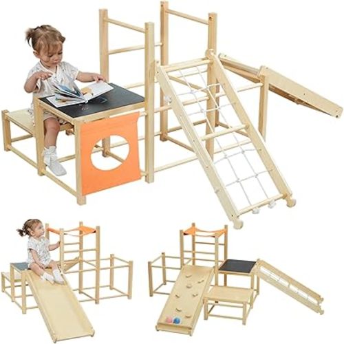 7-in-1 Wooden Toddler Climbing Toys for Kids 1-3,Indoor Jungle Gym Playground Baby Climber Playset with Rock Climbing Ramp & Slide
