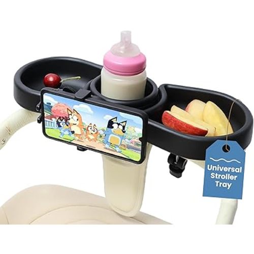 Universal Stroller Tray with Cup Holder & Phone Mount – Fits iPhone 16 Pro Max – 360° Rotation, Easy Tool-Free Installation, Durable & Easy to Clean – Includes Instruction Manual