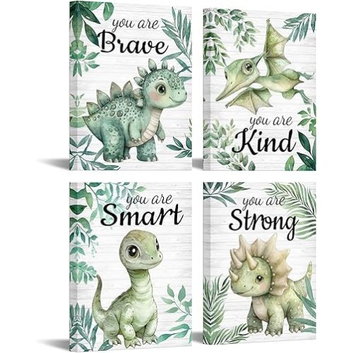 Artmyharbor Sage Green Kids Room Decor Dinosaur Canvas Print 4 Pieces Brave Strong Smart Kind Sign Wall Art 12x16 inches