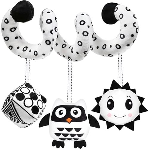 Baby Spiral Hanging Stroller and Car Seat Toys Black and White High Contrast Sensory Toy Newborn Plush Activity Toys Party Favors Quality Gifts for Baby Shower, Easter Basket Stuffers -OWL