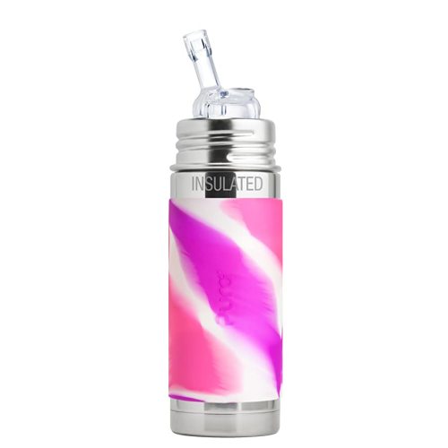 Pura Kiki 9oz/260 ml Stainless Steel Insulated Bottle w/ Silicone Straw & Sleeve, 100% Plastic-Free, MadeSafe Certified, Medical-Grade Silicone Straw for Kids, Toddlers, Babies & Infant – Pink Swirl