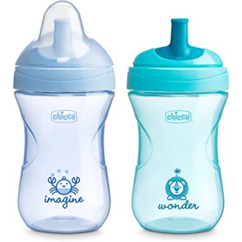 Chicco 9oz. Sport Spout Trainer with Semi-Firm, Bite-Resistant Spout and Spill-Free Lid | Top-Rack Dishwasher Safe | Easy to Hold with Ergonomic Indents | Pale Blue/Teal, 2pk| 9+ months