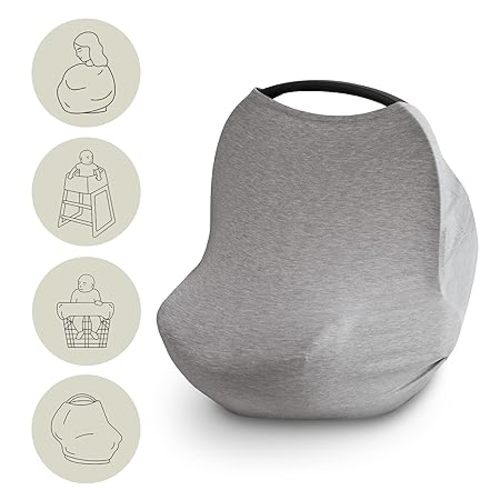 mushie Baby Car Seat Canopy Cover | Breathable & Stretchy Multi Use Cover for Breastfeeding, Nursing, High Chair, Shopping Cart, Strollers (Fog)