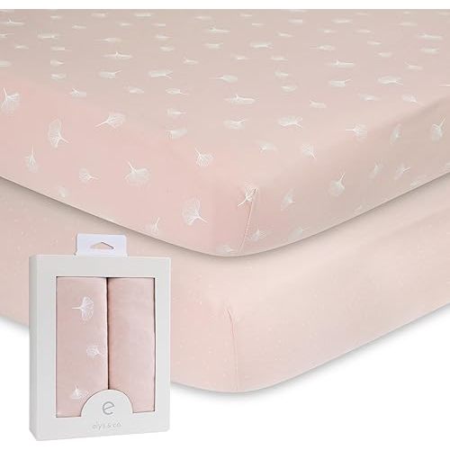 Ely’s & Co. Crib Sheet 2-Pack — Combed, 100% Jersey Cotton for Baby Girl — Rosewater Pink, Pin Dots & Gingko Leaves 52” x 28”