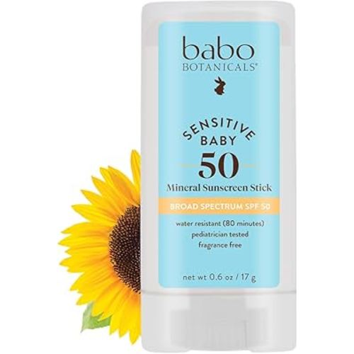 Babo Botanicals Sensitive Baby Mineral Sunscreen Stick SPF 50-70% Organic Ingredients - Zinc Oxide - NSF & Made Safe Certified - EWG Verified - Water Resistant - Fragrance-Free - for Babies & Kids