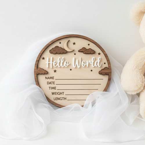 3D Moon Stars Birth Stats Sign | Walnut Frame Wood Baby Plaque | Acrylic Hello World Announcement | Neutral Nursery Decor