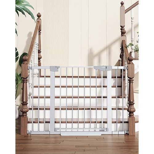 Cumbor 29.7-46" Baby Gate for Stairs, Mom's Choice Awards Winner-Auto Close Dog Gate for the House, Easy Install Pressure Mounted Pet Gates for Doorways, Easy Walk Thru Wide Safety Gate for Dog,Silver