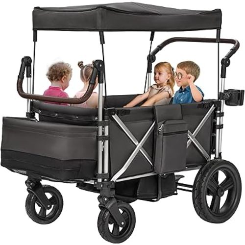 Stroller Wagon 4 Seater, Folding Wagon Stroller for 4 Kids, Collapsible Push Wagon with 5-Point Safety Belt and Canopy, Adjustable Handle, All-Terrain Mobility