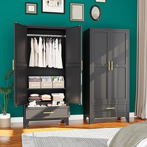 71"H Metal Tall Armoire Wardrobe Closet with Drawer,Household Steel Wardrobe Closet Cabinet with Drawers,Clothing Storage Wardrobes Cabinet with Adjustable Shelves and Hanging Rod For Bedroom