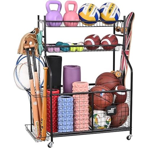 Mythinglogic Sports Equipment Garage Organizer,Garage Ball Storage for Sports Gear and Toys, Rolling Ball Cart with Wheels for Indoor/Outdoor Use