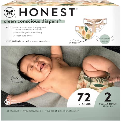 The Honest Company Clean Conscious Diapers | Plant-Based, Sustainable | Fall '24 Limited Edition Prints | Club Box, Size 2 (12-18 lbs), 72 Count