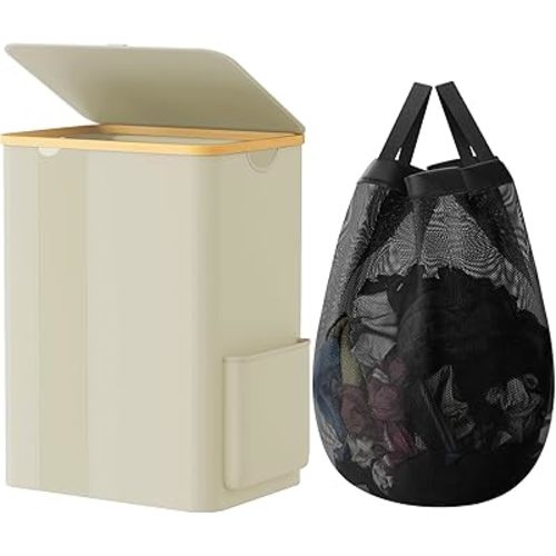 Laundry Basket Clothes Hamper with Lid and Pocket Large Collapsible Laundry Baskets with Handle, Freestanding Hampers for Bedroom Aesthetic, Dorm, Bathroom, Laundry Room (80L, Beige)