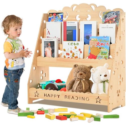 4 Tier Kids Wooden Bookshelf,Children Bookcase Cabinet, 2 Cubby Toy Storage Organizer, Toddler Book Toy Shelf for Bedroom, Nursery, School, Playroom.