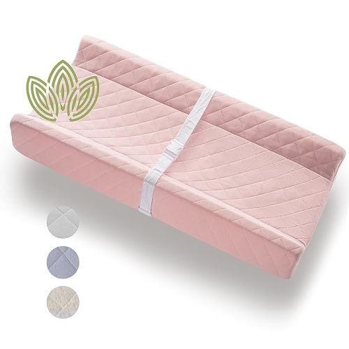 Organic Cotton Contoured Baby Changing Pad w/Waterproof Foam Mattress, Includes Soft, Removable & Washable Cover, Safety Strap, Non-Slip Bottom, Topper for Standard Size Infant Diaper Table & Dresser