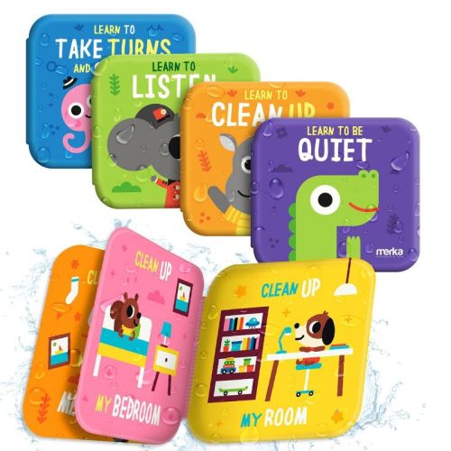 merka Baby Bathtub Bath Toys, 4 Plastic Books, Take Turns Clean Up Listen Be Quiet Perfect Baby Gifts for Sharing and Learning