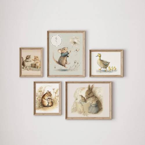 Vintage Nursery Decor, Digital Print Bundle, Animal Art Prints, Cottage Core Printable, Cottagecore Art Nursery Wall Art