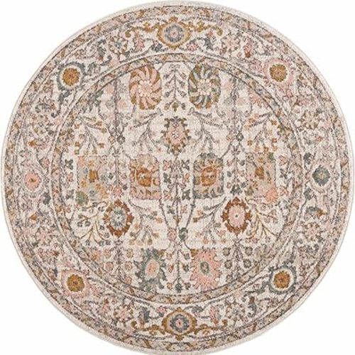 Herstmonceux Boho Vintage Colorful Area Rug - Farmhouse Traditional Floral Pink Carpet for Living Room, Bedroom - Cream, Green, Sage, Red, Gray, Taupe, Pink - 5'3" Round