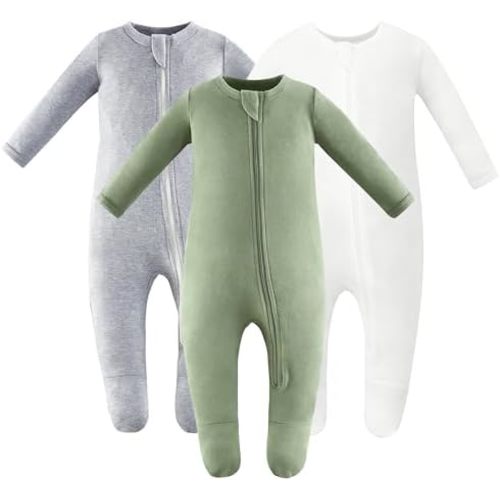 Owlivia Organic Cotton Baby Pajamas, Boys Girls 3-Pack Zip Front Sleep 'N Play, Footed Sleeper, Long Sleeve