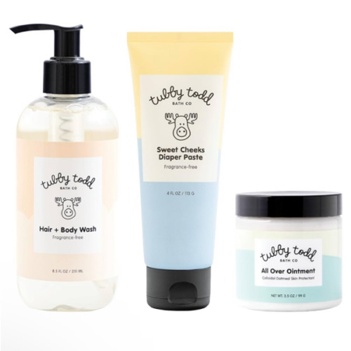 TUBBY TODD Baby Bundle Newborn Skin Care Set - Hypoallergenic Hair + Body Wash, All Over Ointment with Colloidal Oatmeal, Sweet Cheeks Diaper Paste - Fragrance Free, Standard Size