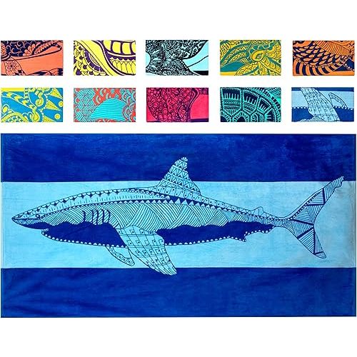 Nova Blue Shark Beach Towel – Blue with A Tropical Design, Extra Large, XL (34”x 63”) Cool Hawaiian, Navy Beach Towel with Light Blue Stripe, Made from 100% Cotton