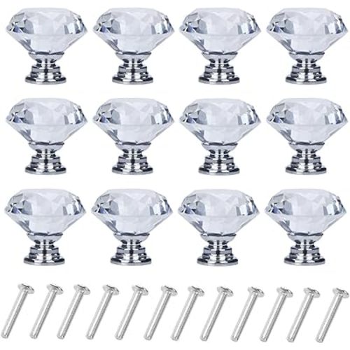 YourGift 12 Pack Drawer Knobs Diamond Shaped Crystal Glass 30mm Cabinet Knobs Pull Handles (Silver)
