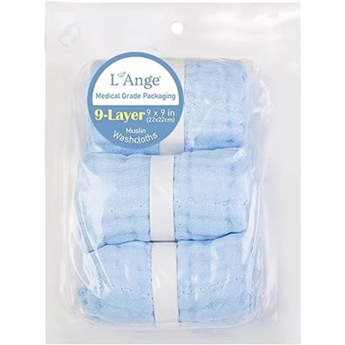 L’Ange Baby-Cotton Muslin Washcloths-9 Layer, 9 x 9inches, Blue, Face Towel, Burp Cloth for Newborn, Toddler, Kids, Suitable for Sensitive Skin, Pack of 3, Medical Grade Packaging